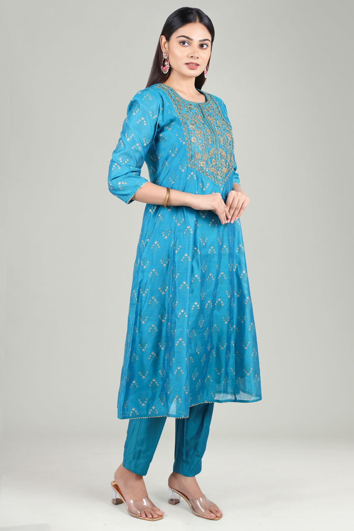 Blue Chanderi A Line Embroidered Kurta Pant Suit Set