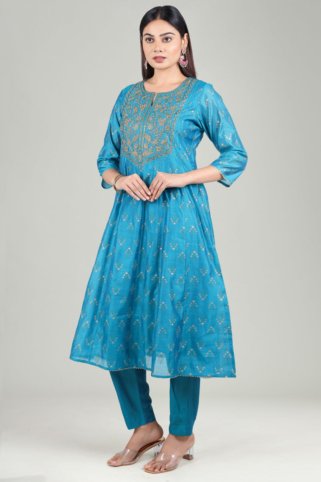 Blue Chanderi A Line Embroidered Kurta Pant Suit Set