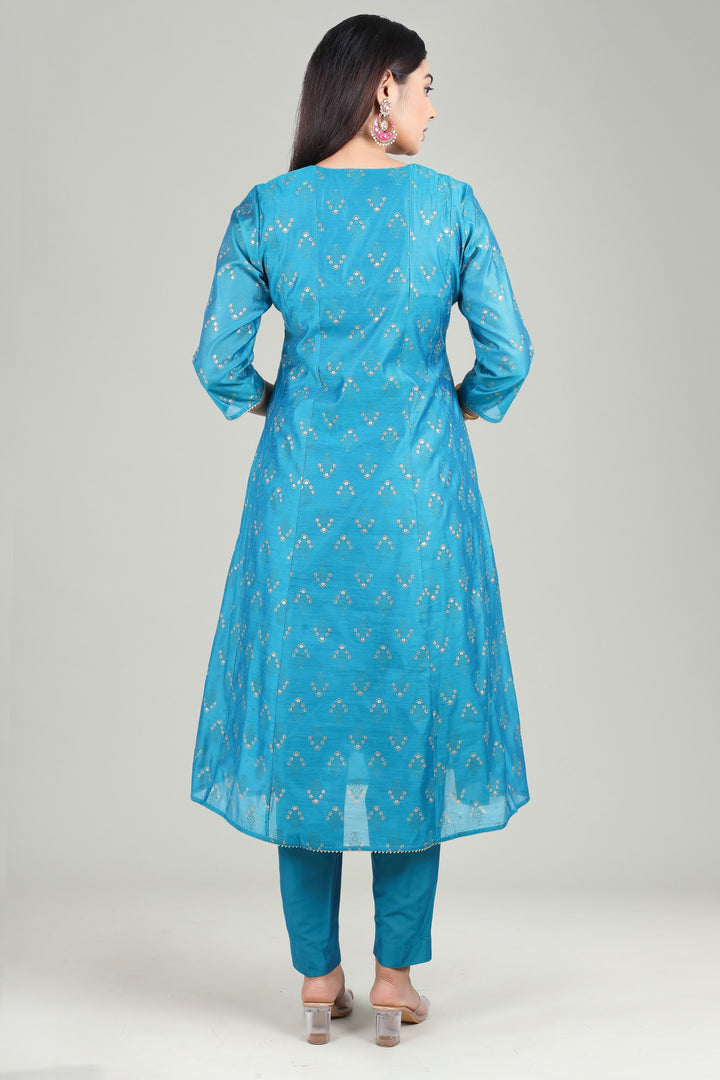 Blue Chanderi A Line Embroidered Kurta Pant Suit Set