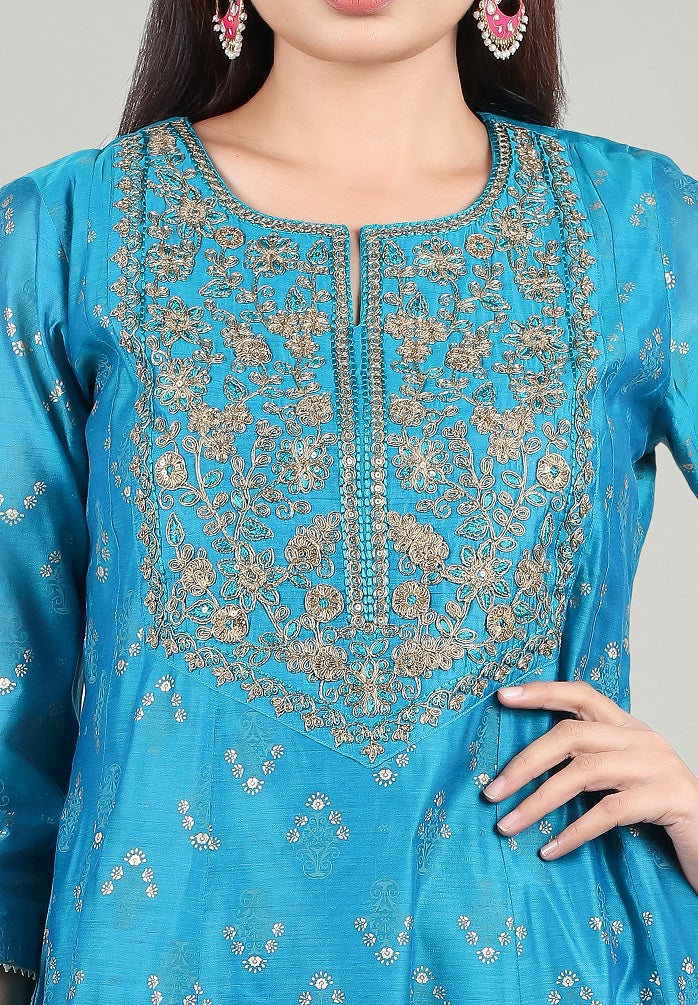 Blue Chanderi A Line Embroidered Kurta Pant Suit Set