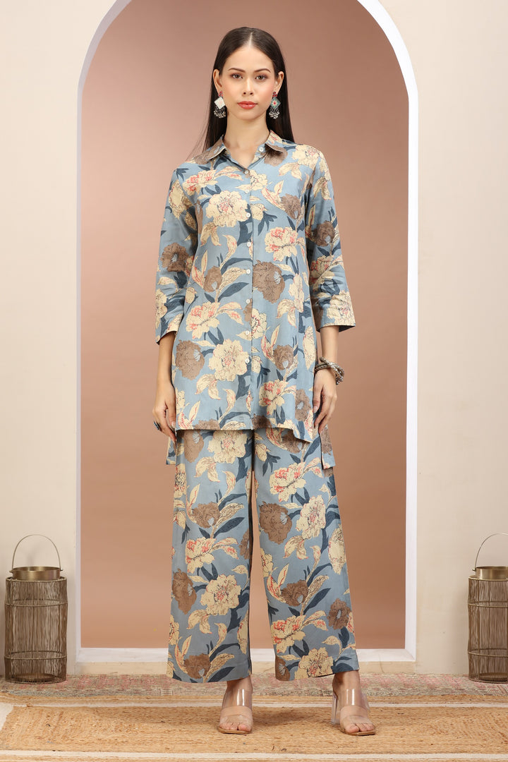 Light Blue Cotton Printed Straight Kurta Pant Co ord Set