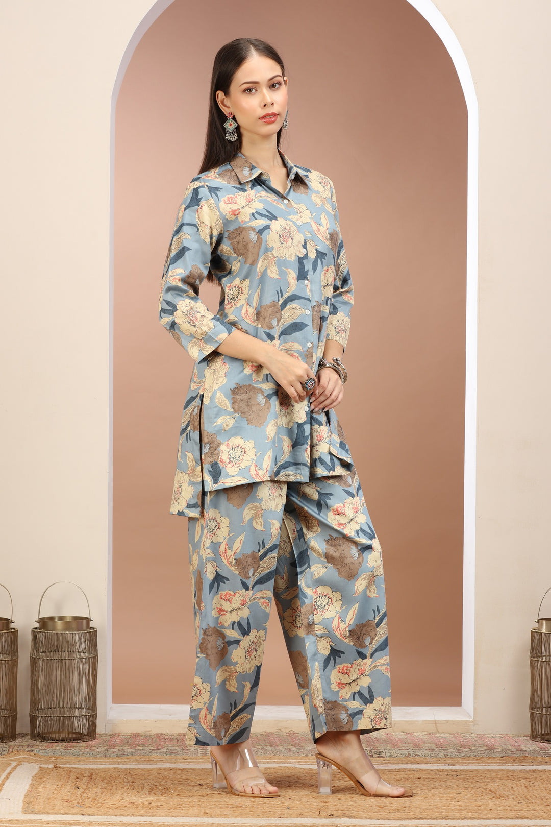 Light Blue Cotton Printed Straight Kurta Pant Co ord Set