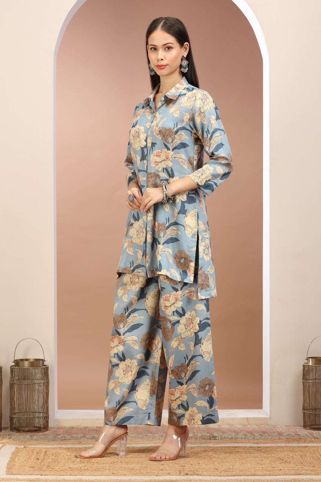 Light Blue Cotton Printed Straight Kurta Pant Co ord Set