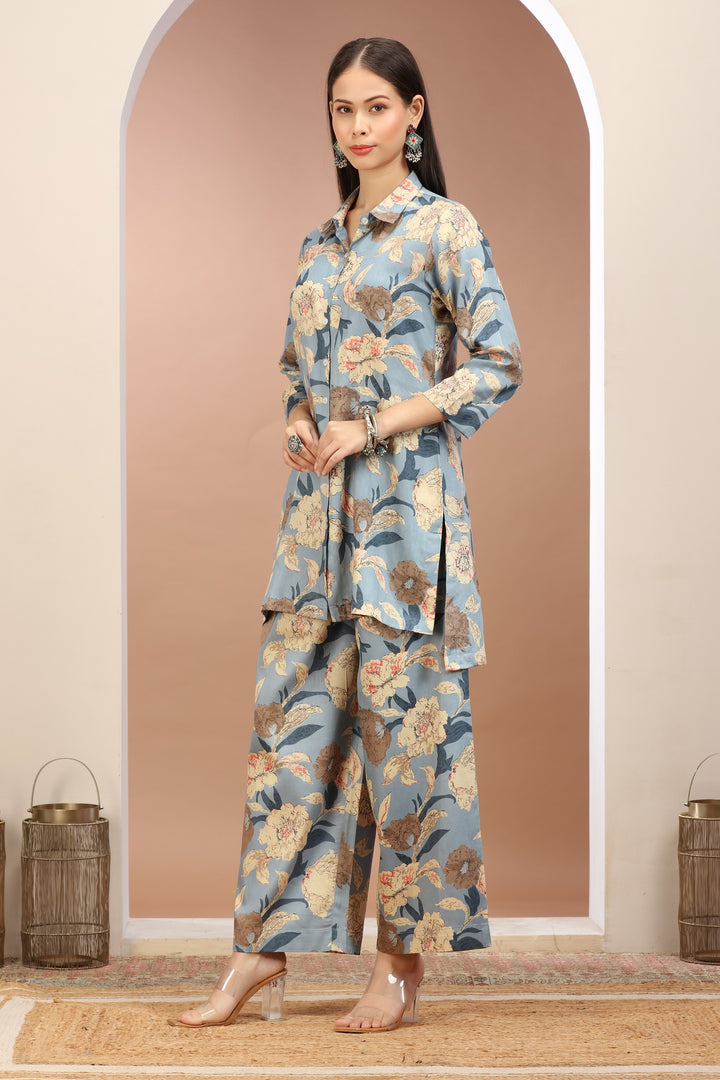 Light Blue Cotton Printed Straight Kurta Pant Co ord Set