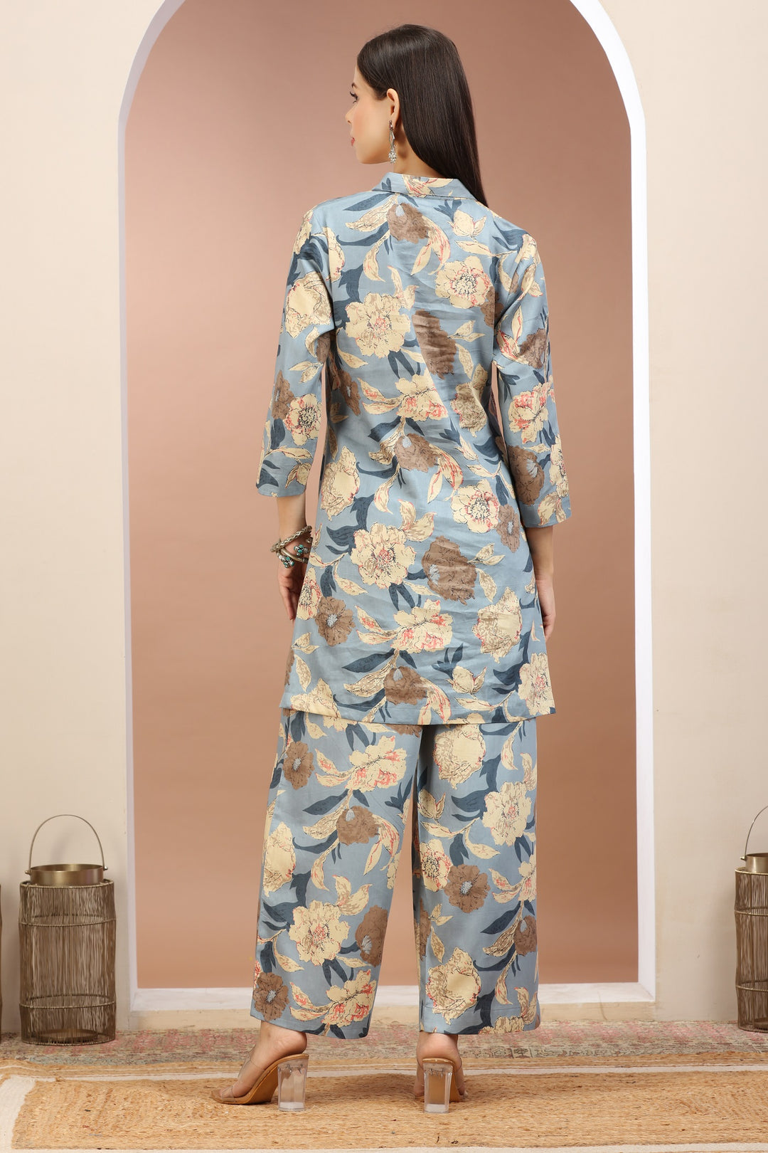 Light Blue Cotton Printed Straight Kurta Pant Co ord Set