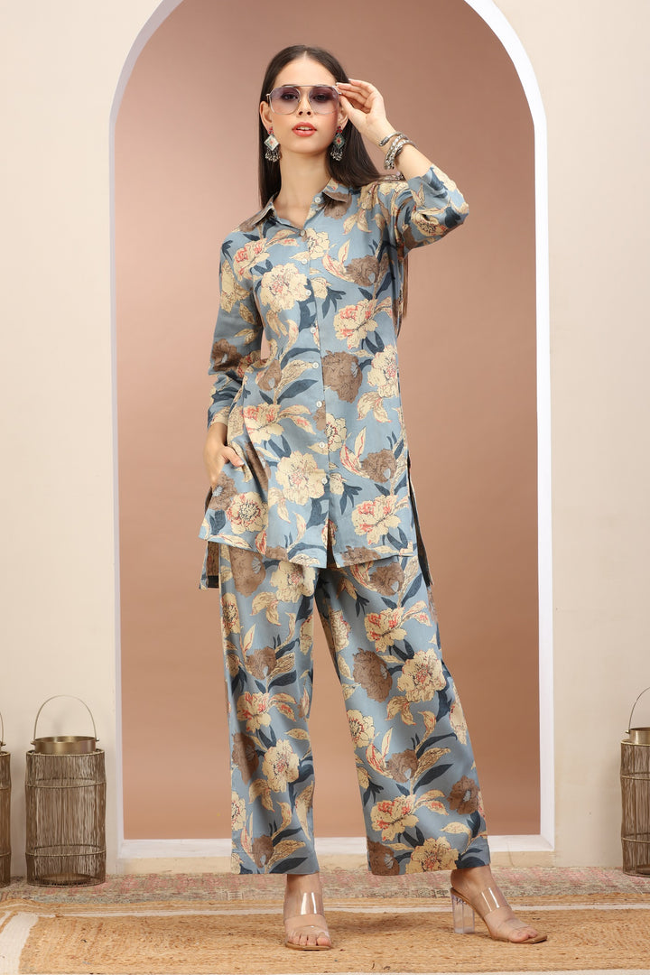 Light Blue Cotton Printed Straight Kurta Pant Co ord Set