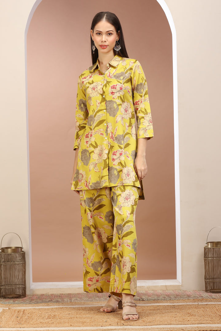 Yellow Cotton Printed Straight Kurta Pant Co ord Set