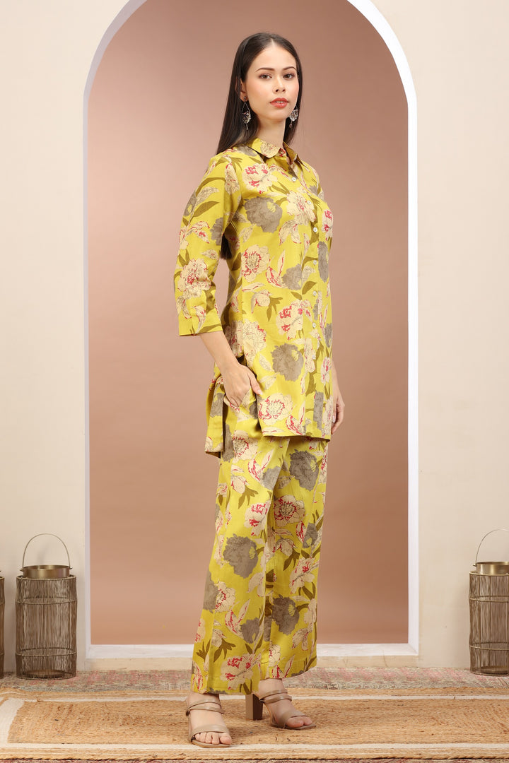 Yellow Cotton Printed Straight Kurta Pant Co ord Set