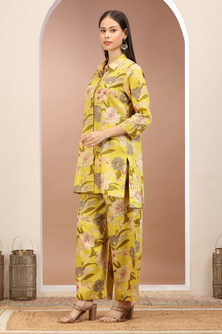 Yellow Cotton Printed Straight Kurta Pant Co ord Set