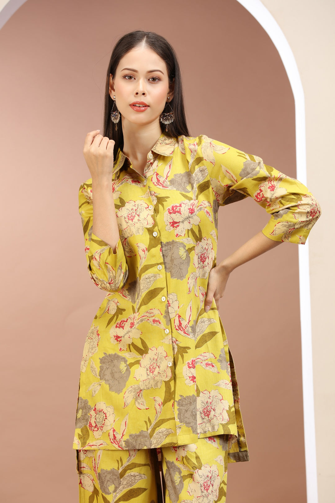 Yellow Cotton Printed Straight Kurta Pant Co ord Set