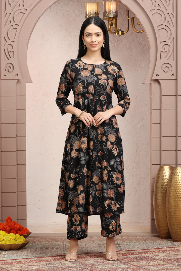 Black Rayon Straight Printed Kurta pant Co ord Set