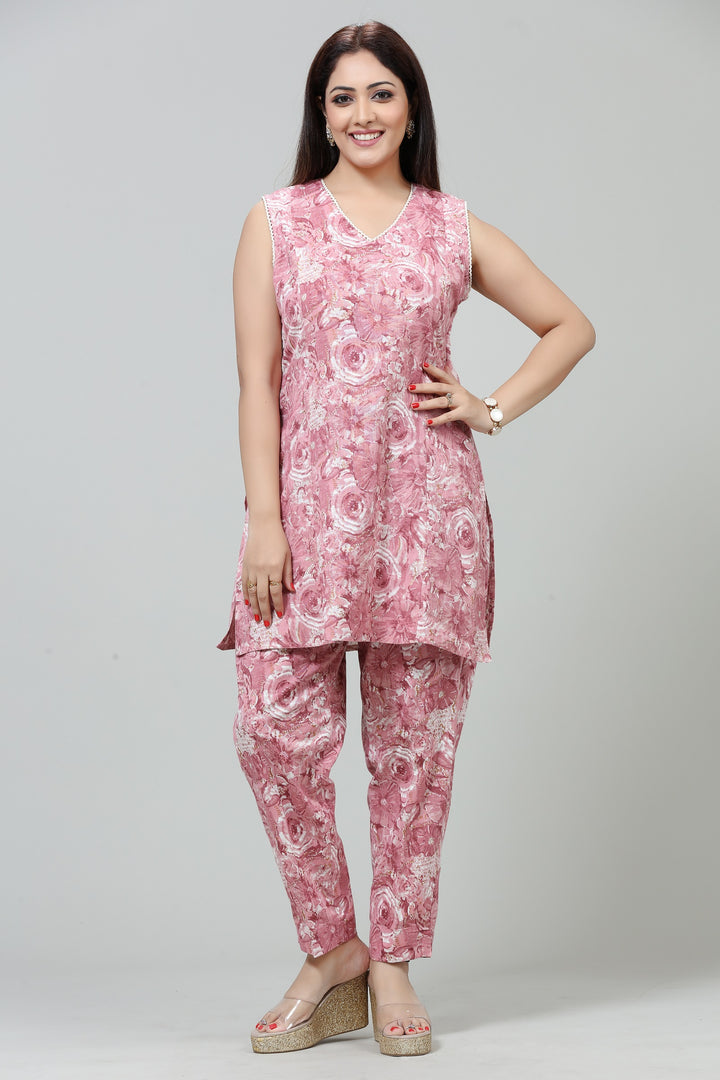 Peach Cotton Straight Sleeveless Kurta Pant Co ord Sets