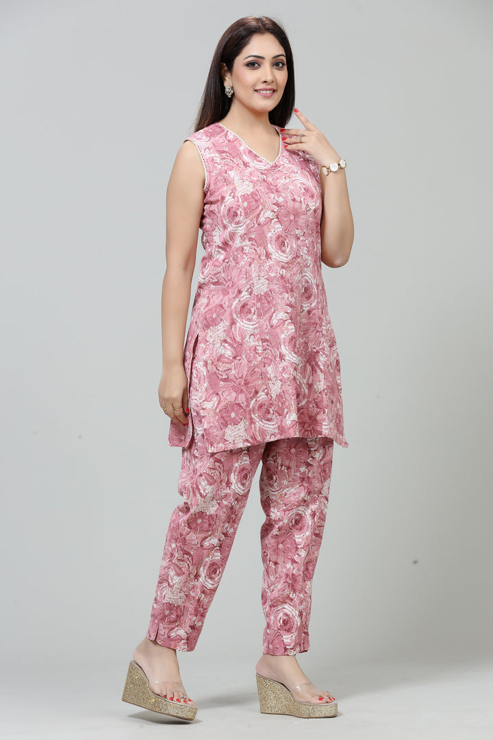 Peach Cotton Straight Sleeveless Kurta Pant Co ord Sets