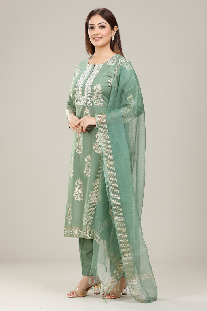 Light Green Rayon Straight Embroidered Kurta Palazzo Suit Set