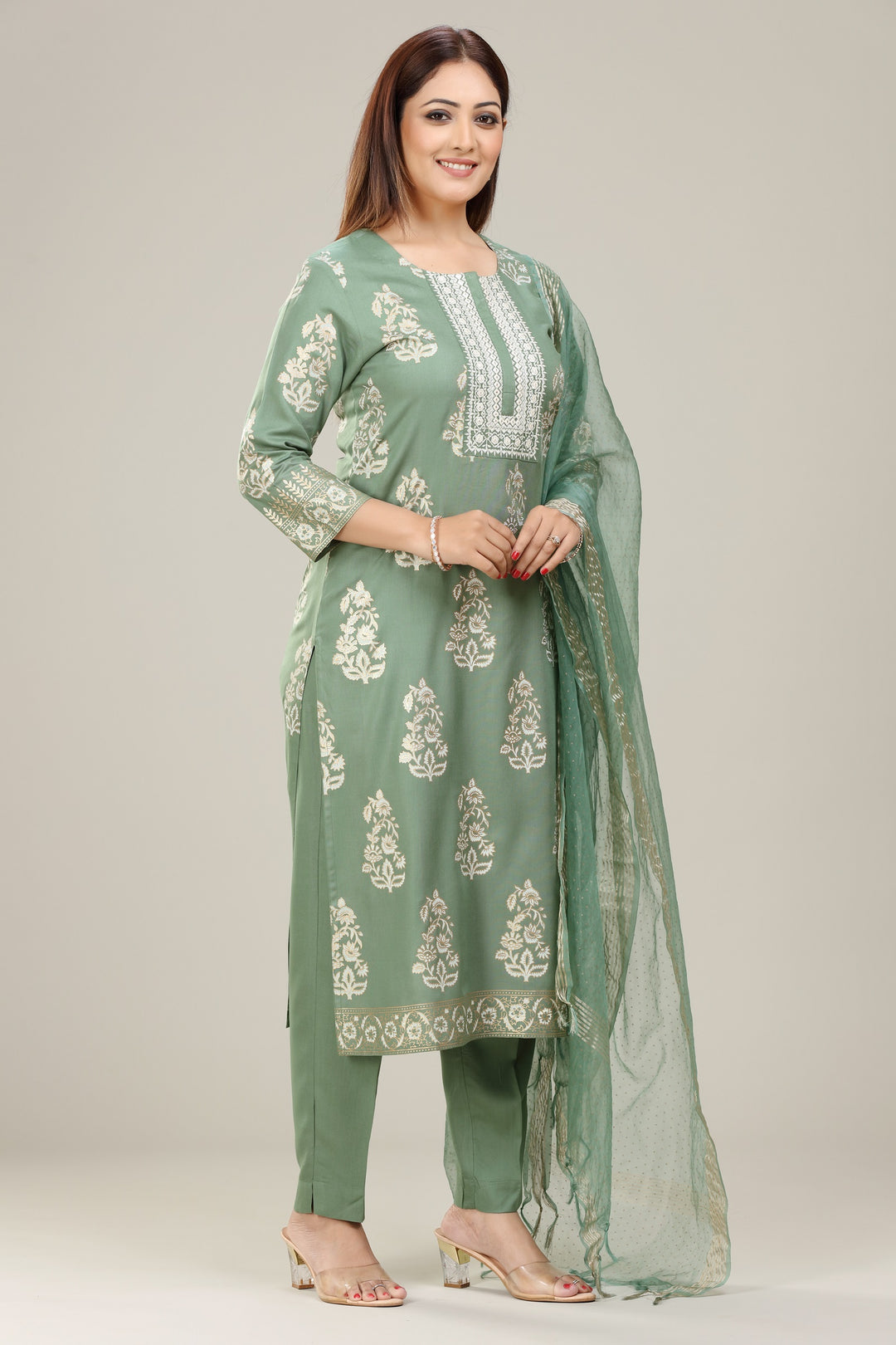 Light Green Rayon Straight Embroidered Kurta Palazzo Suit Set