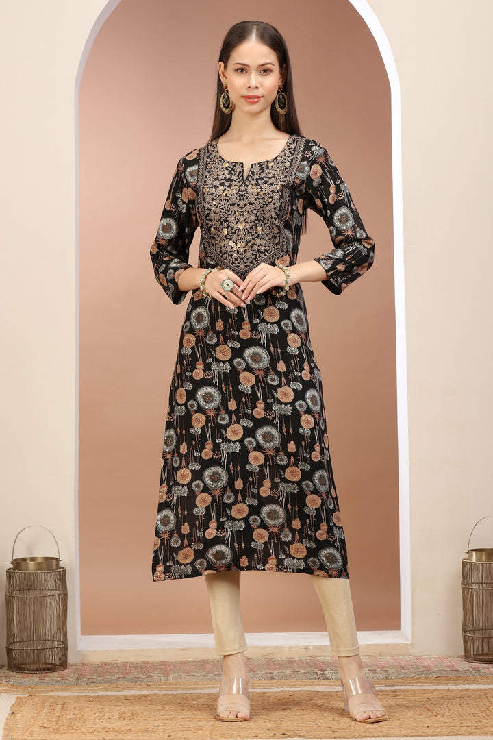 Black & Beige Rayon Embroidered Straight Kurta