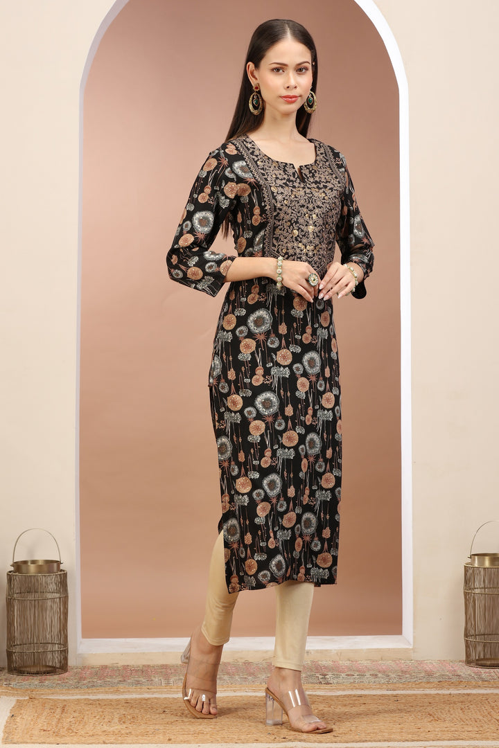 Black & Beige Rayon Embroidered Straight Kurta