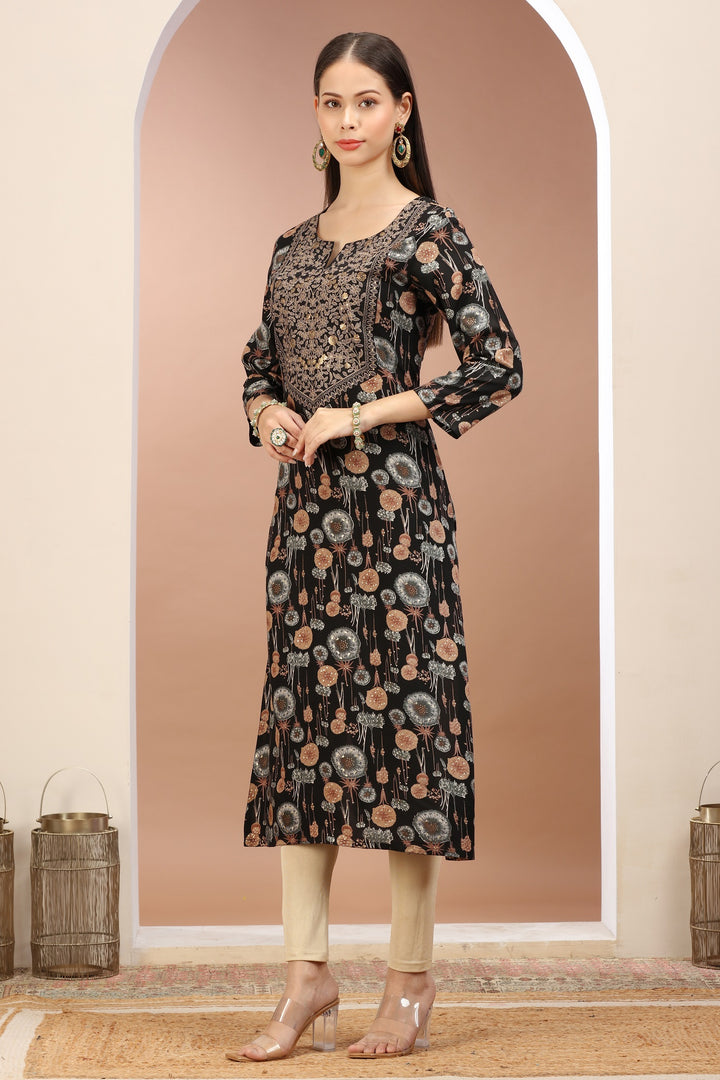 Black & Beige Rayon Embroidered Straight Kurta