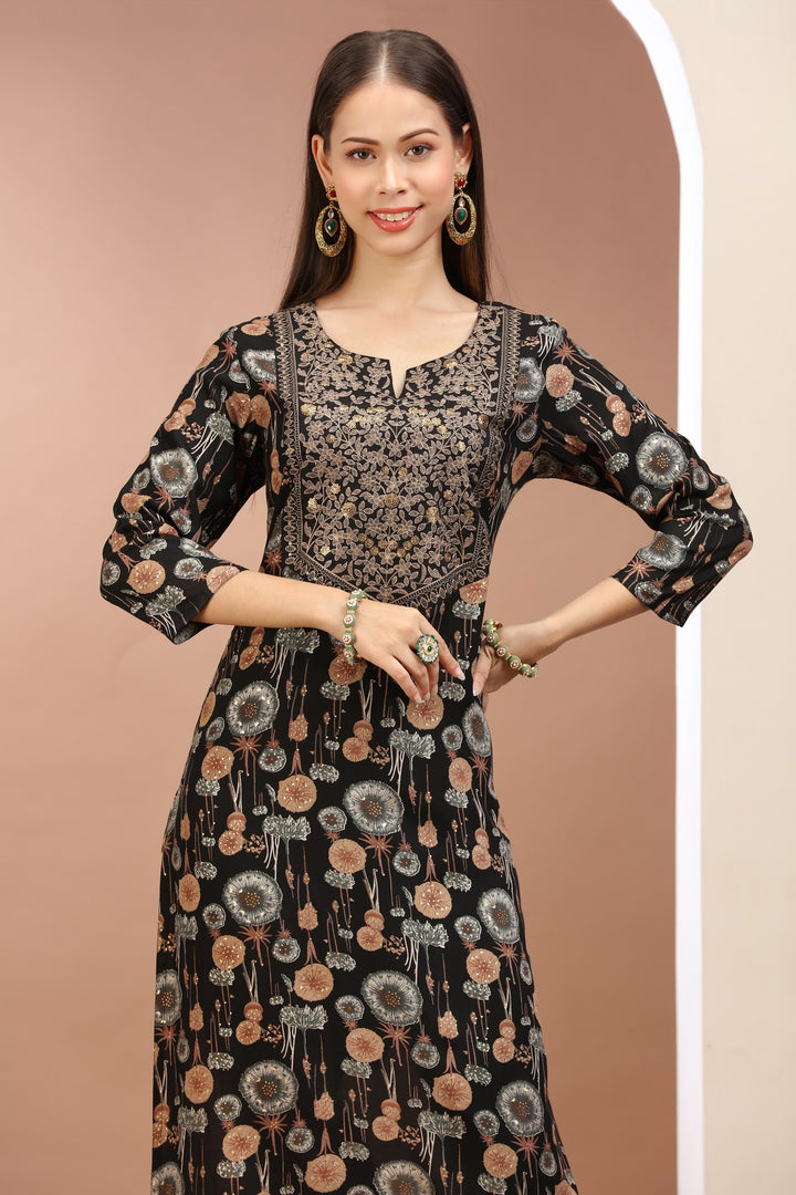 Black & Beige Rayon Embroidered Straight Kurta