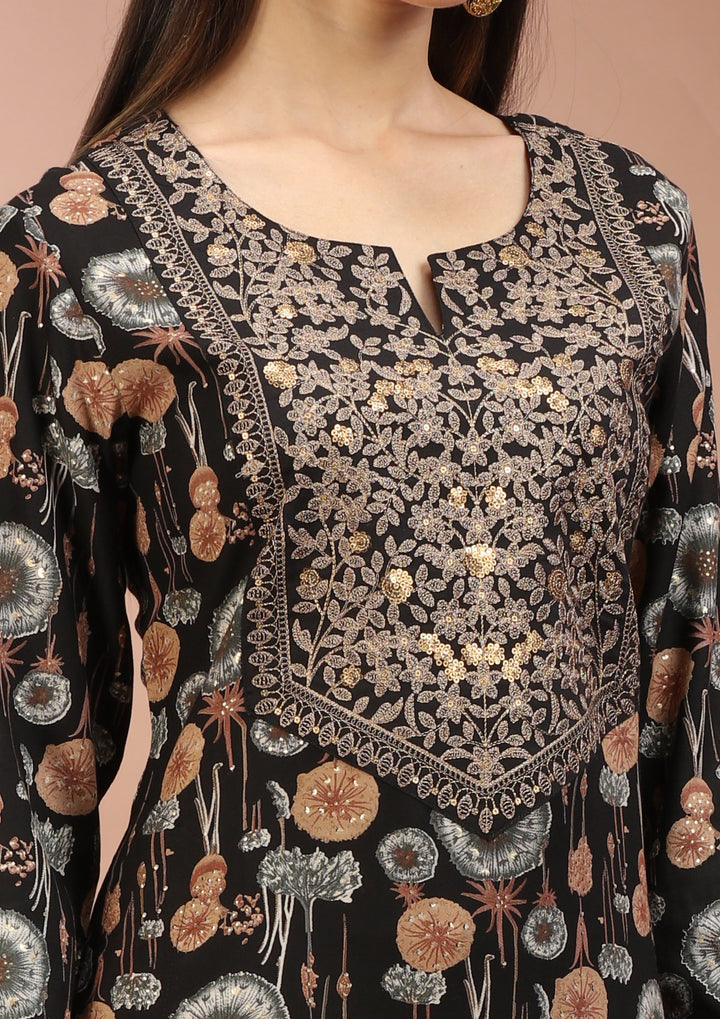 Black & Beige Rayon Embroidered Straight Kurta