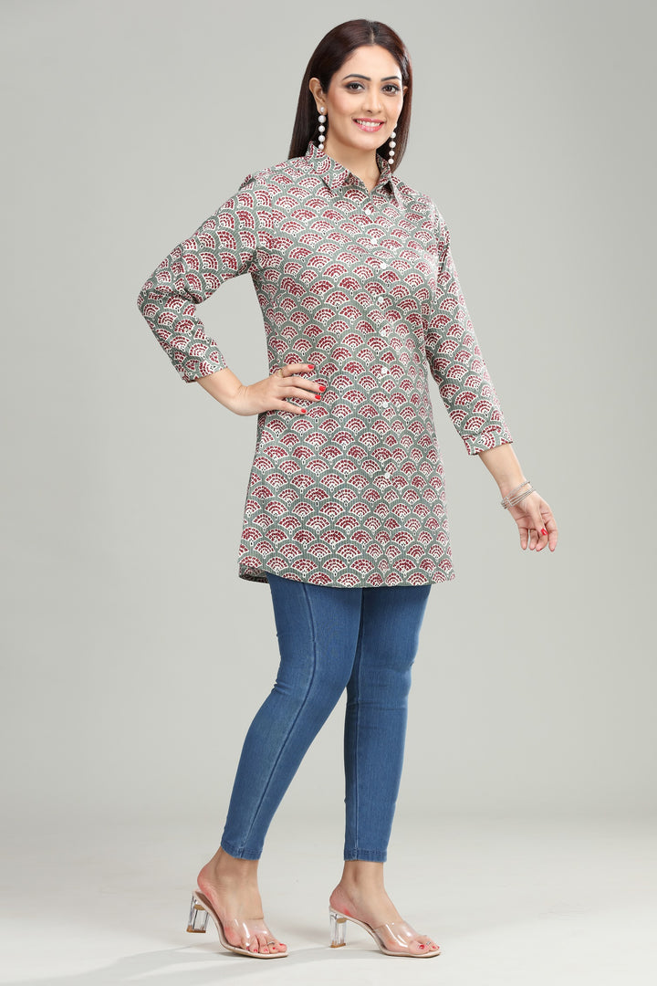 Gray Handloom Cotton Straight Printed Short Kurta