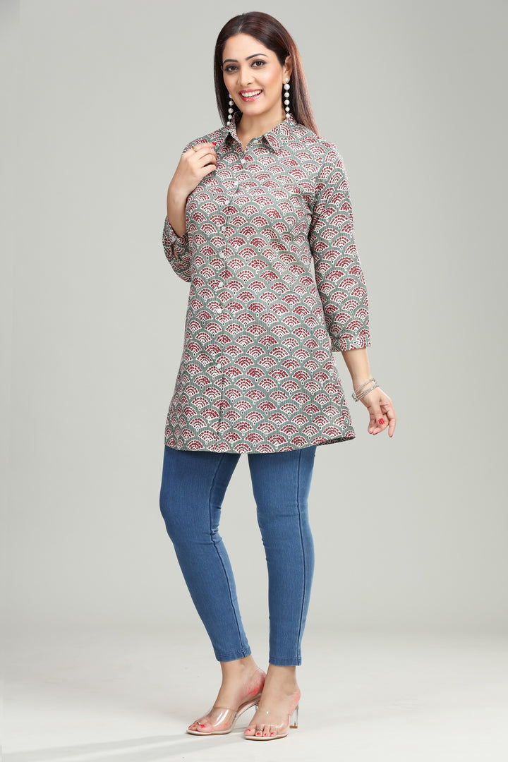 Gray Handloom Cotton Straight Printed Short Kurta