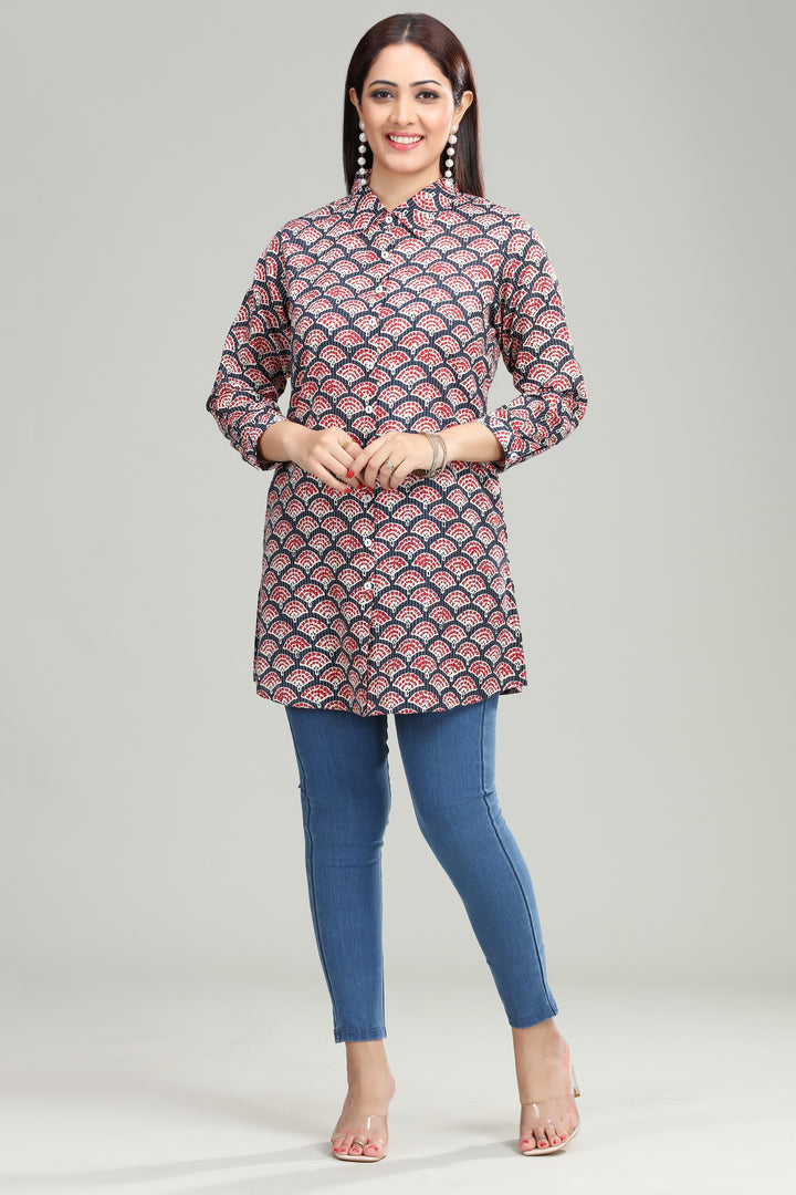 Navy Blue Handloom Cotton Straight Printed Short Kurta