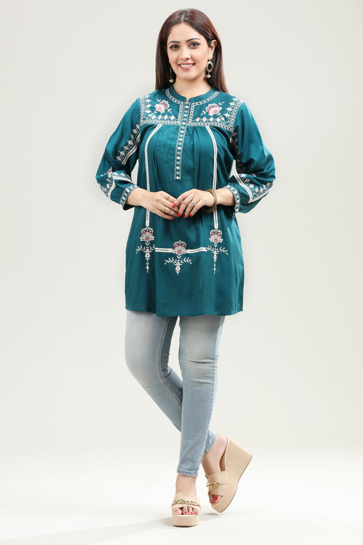 Teal Rayon Flared Embroidered Short Kurta