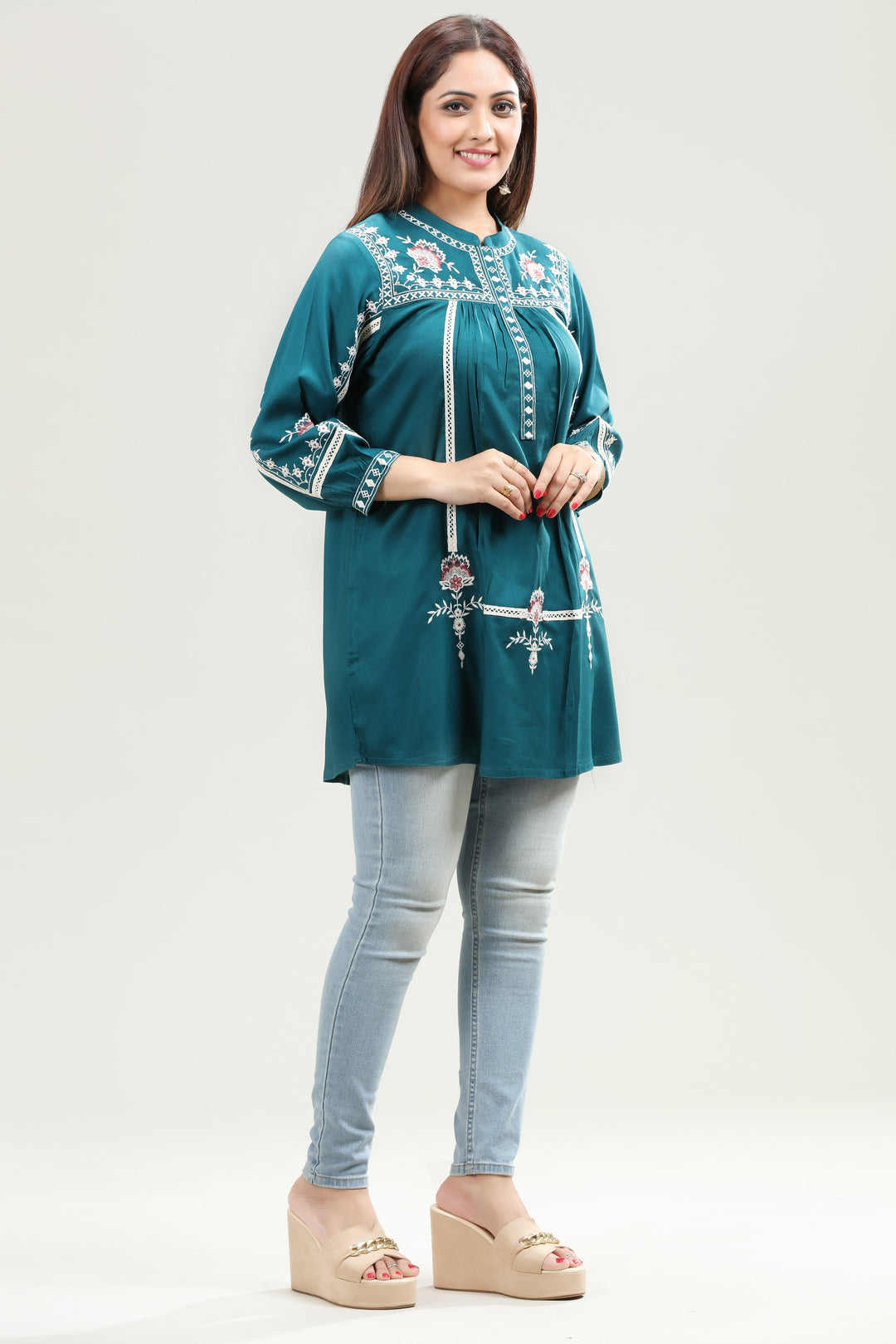 Teal Rayon Flared Embroidered Short Kurta