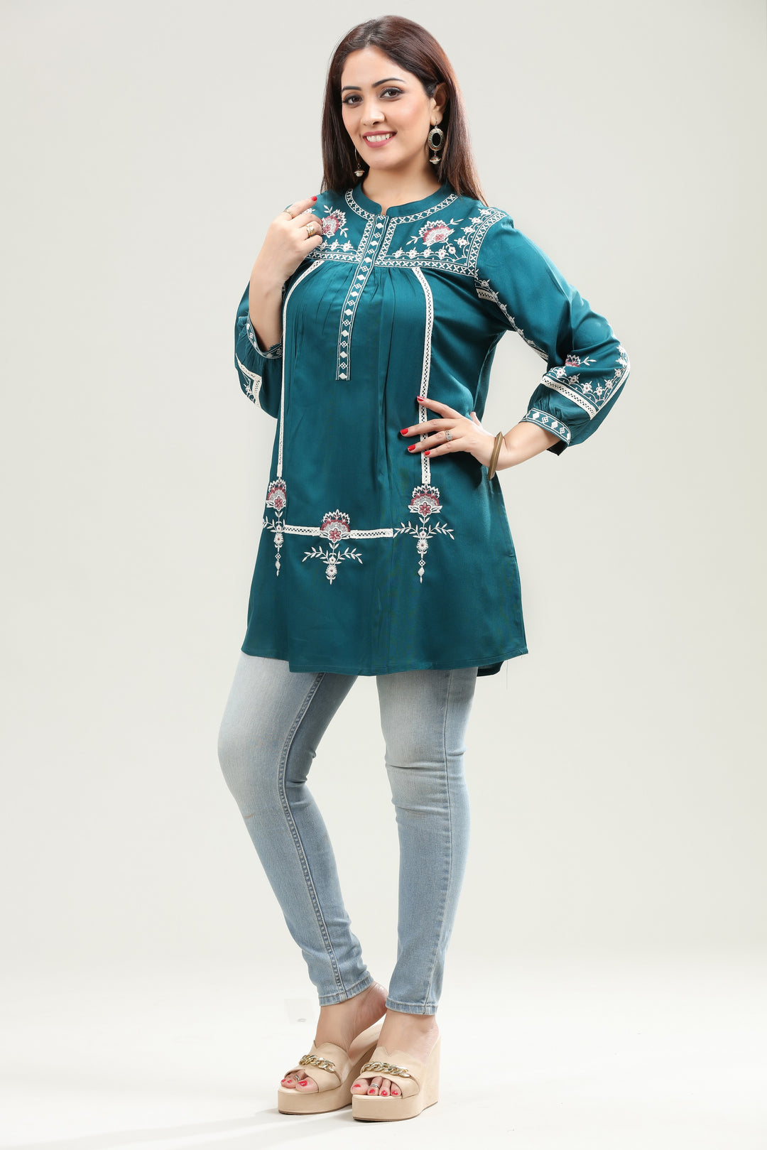 Teal Rayon Flared Embroidered Short Kurta