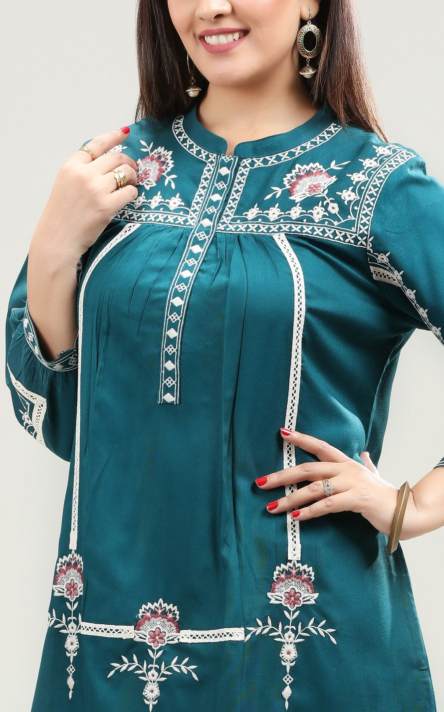 Teal Rayon Flared Embroidered Short Kurta