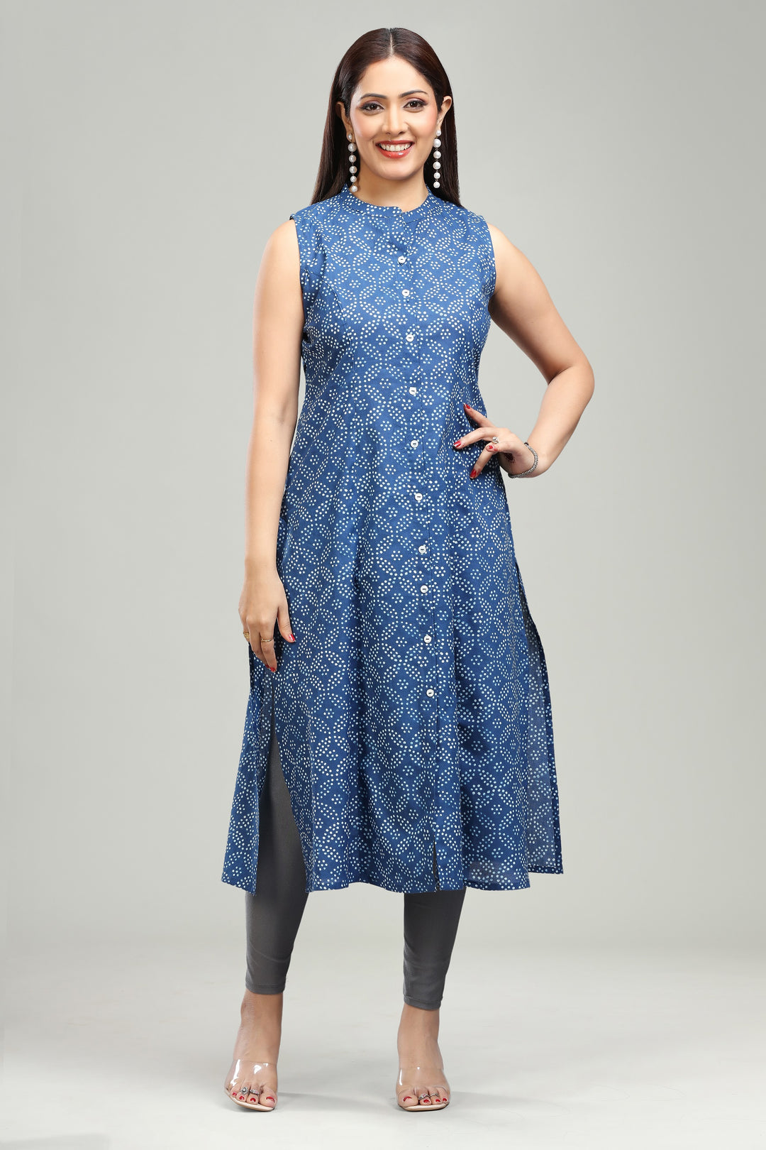 Blue Cotton A Line Printed Sleeveless Kurta