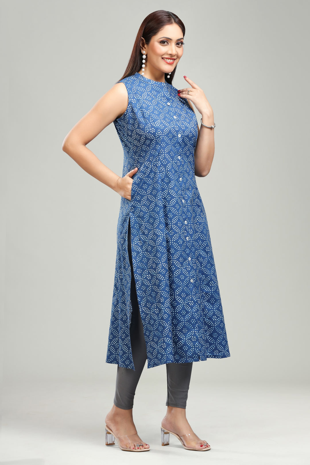 Blue Cotton A Line Printed Sleeveless Kurta