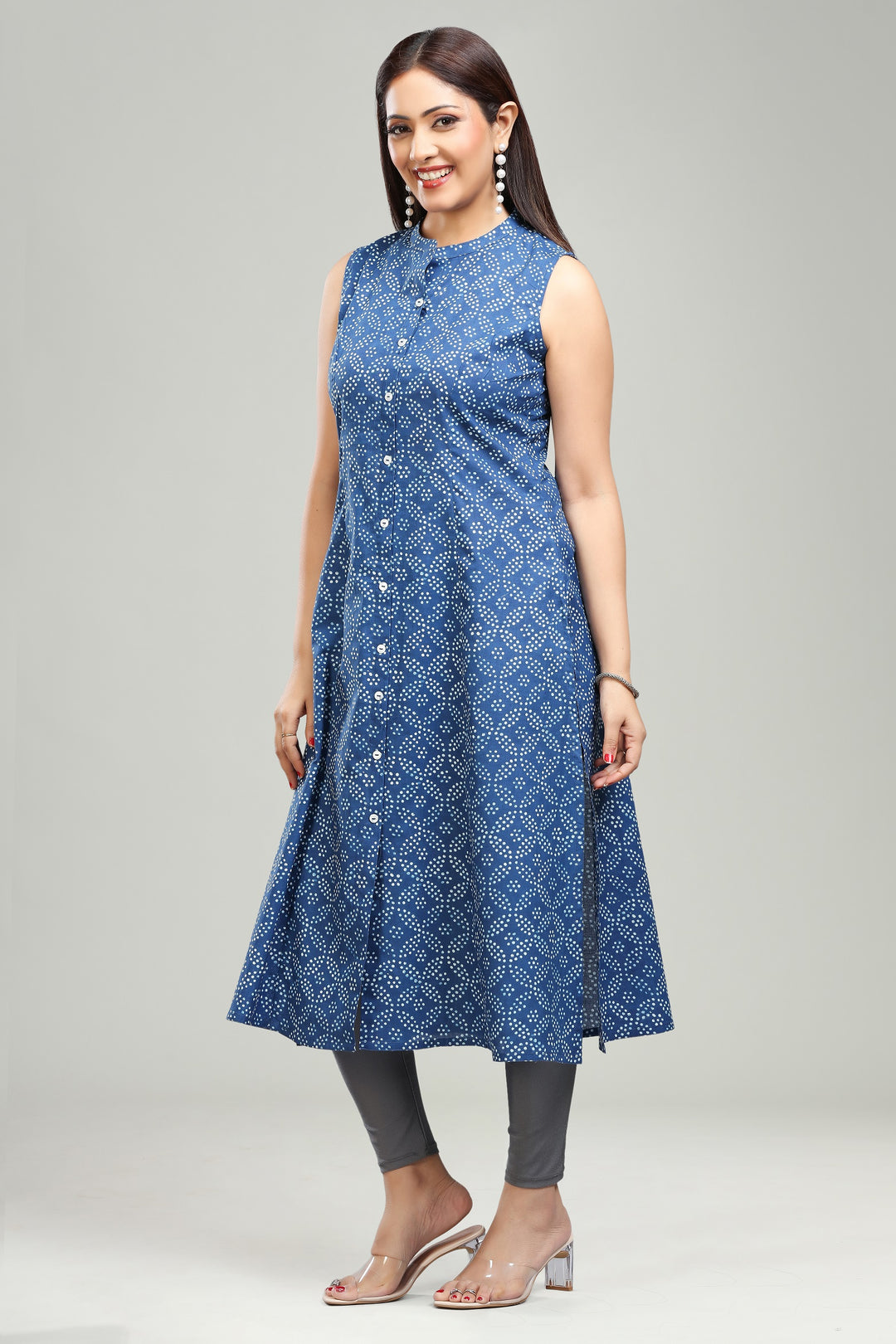 Blue Cotton A Line Printed Sleeveless Kurta