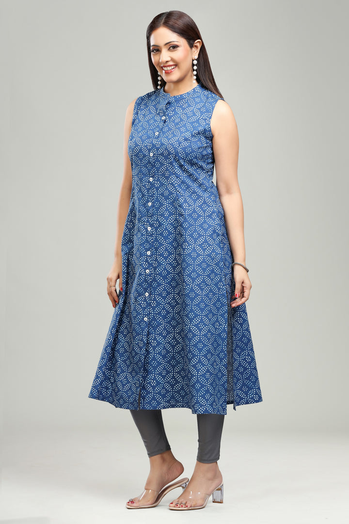 Blue Cotton A Line Printed Sleeveless Kurta