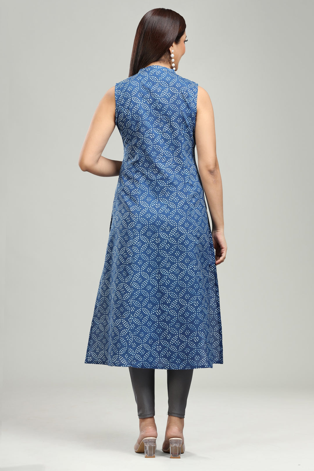 Blue Cotton A Line Printed Sleeveless Kurta