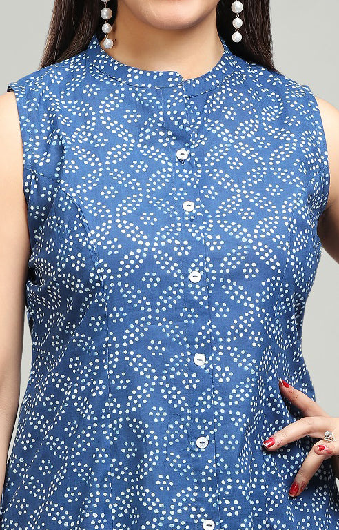 Blue Cotton A Line Printed Sleeveless Kurta