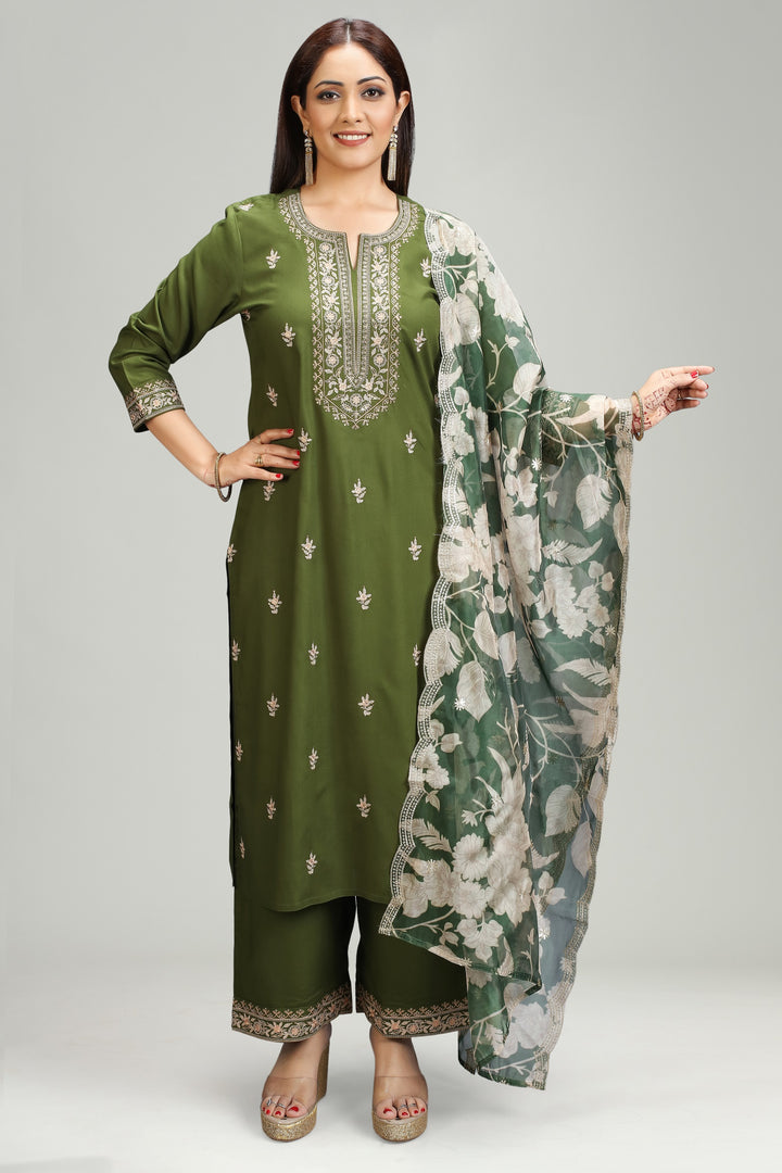 Green Rayon Straight Embroidered Kurta Pant Suit Set