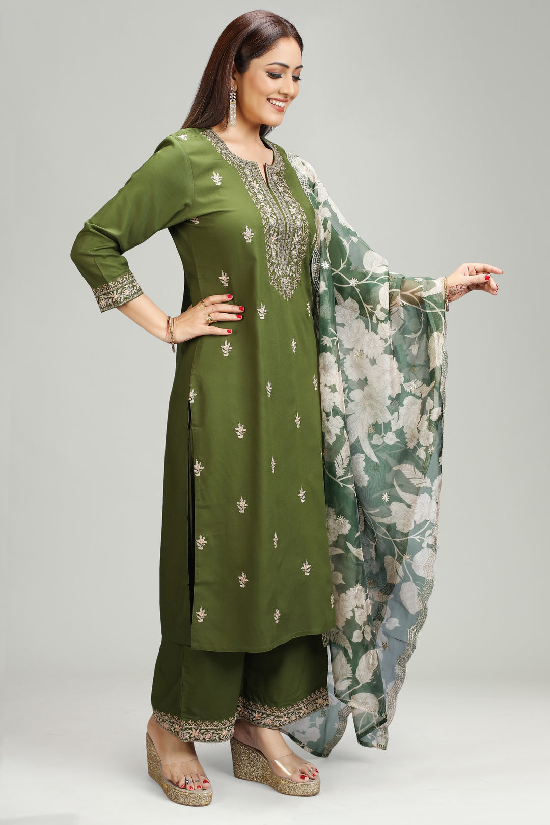 Green Rayon Straight Embroidered Kurta Pant Suit Set