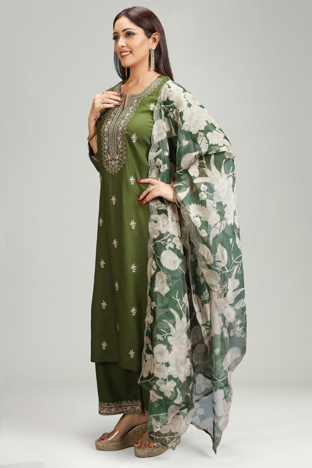 Green Rayon Straight Embroidered Kurta Pant Suit Set