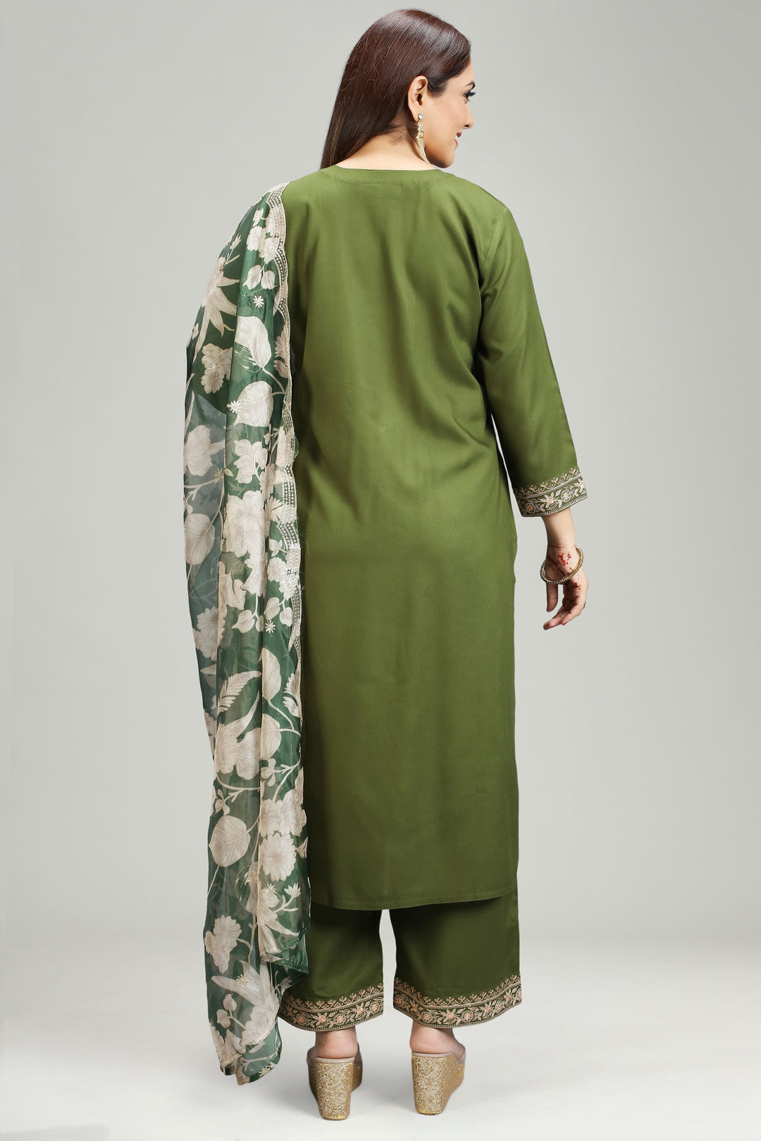 Green Rayon Straight Embroidered Kurta Pant Suit Set