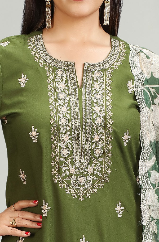 Green Rayon Straight Embroidered Kurta Pant Suit Set