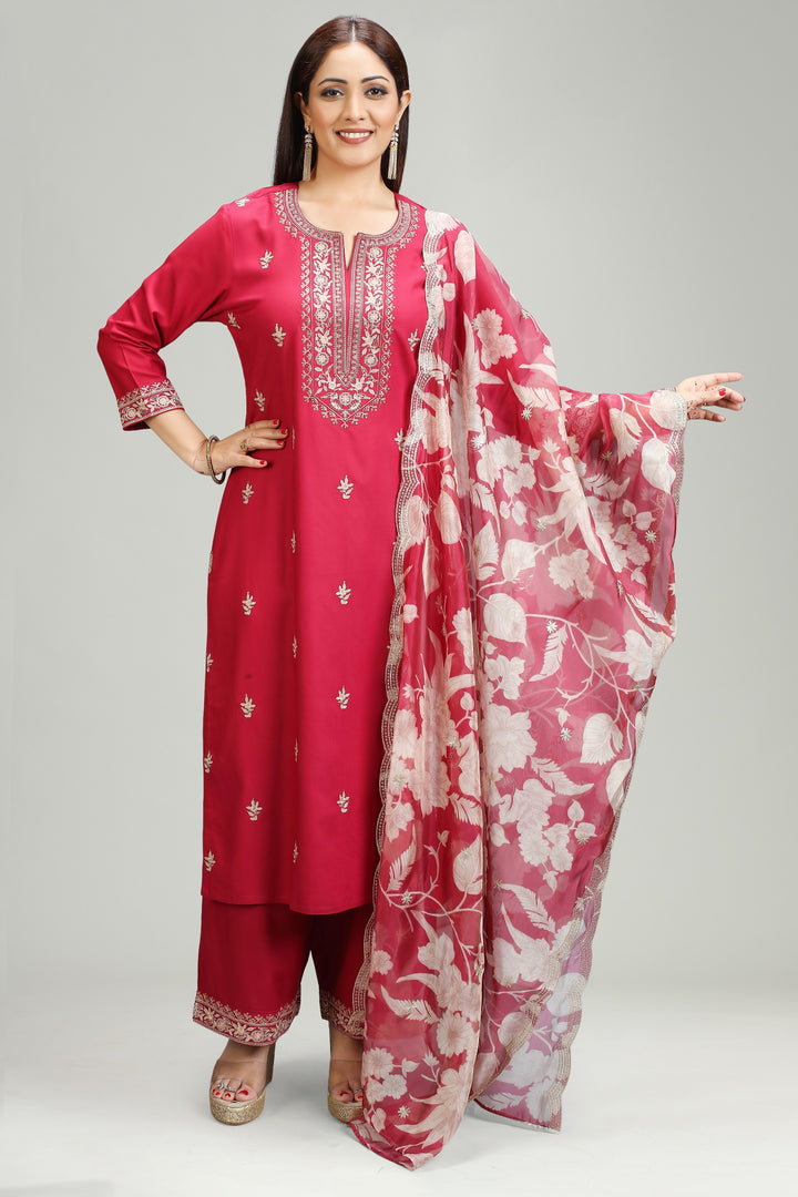 Maroon Rayon Straight Embroidered Kurta Pant Suit Set