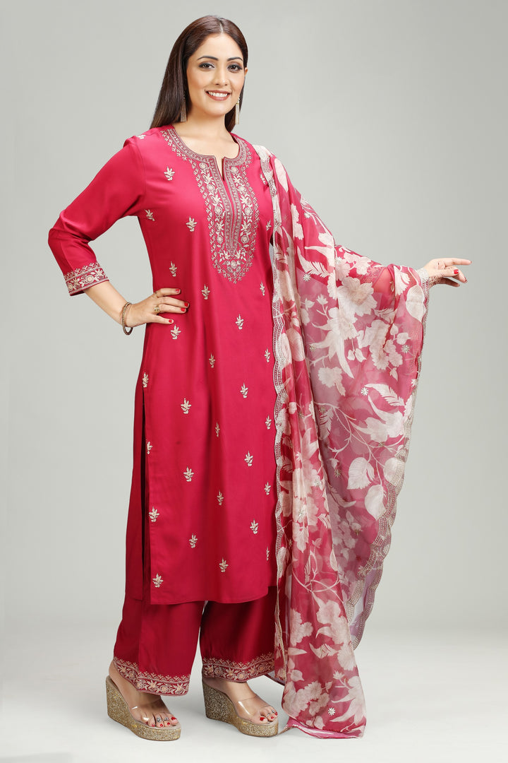 Maroon Rayon Straight Embroidered Kurta Pant Suit Set