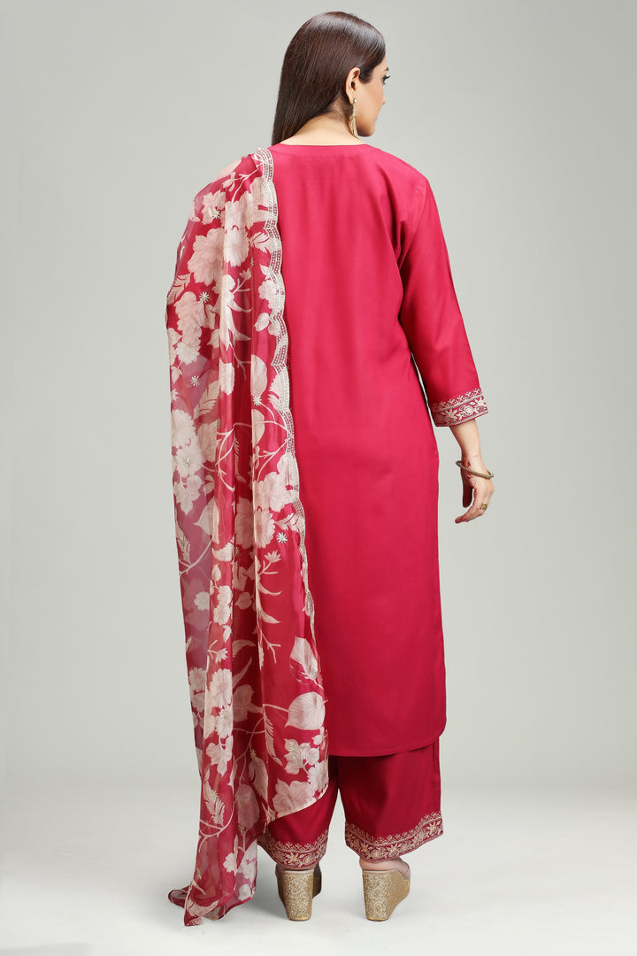 Maroon Rayon Straight Embroidered Kurta Pant Suit Set