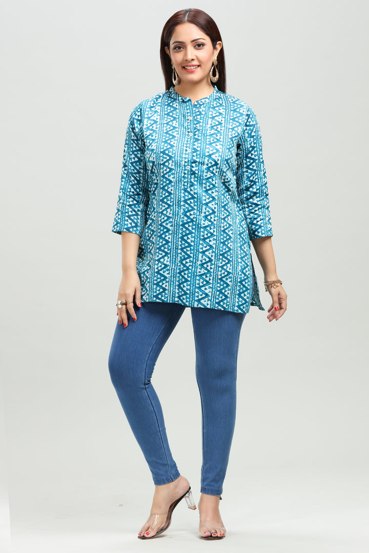 Sea Blue Cotton Straight Printed Short Kurta