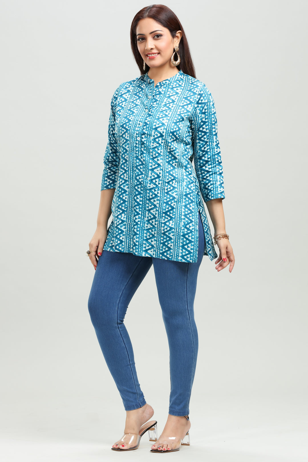 Sea Blue Cotton Straight Printed Short Kurta