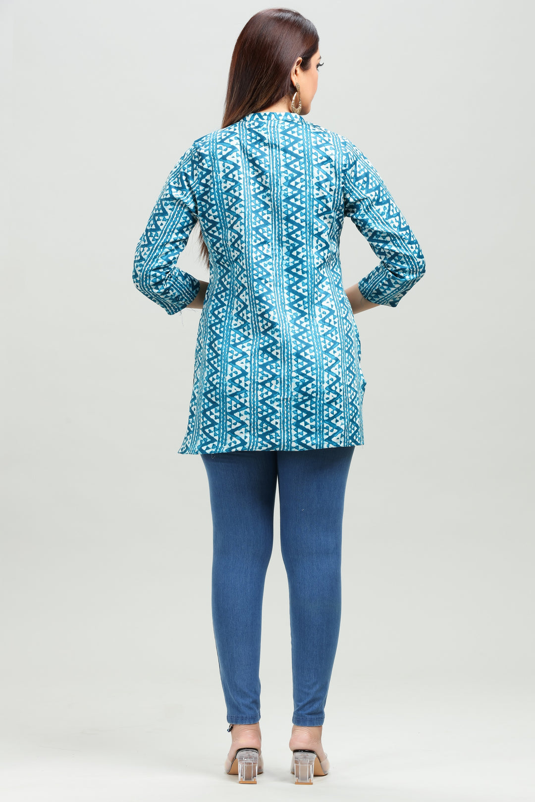 Sea Blue Cotton Straight Printed Short Kurta