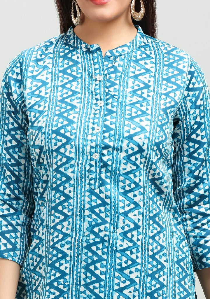 Sea Blue Cotton Straight Printed Short Kurta