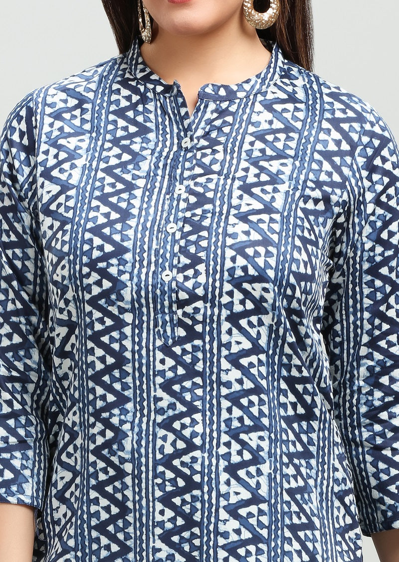 Navy Blue Cotton Straight Printed Short Kurta